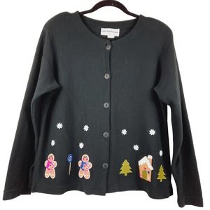 Old Dell Designs USA Women's Black Ginger‎ Bread Theme Holiday Sweater M